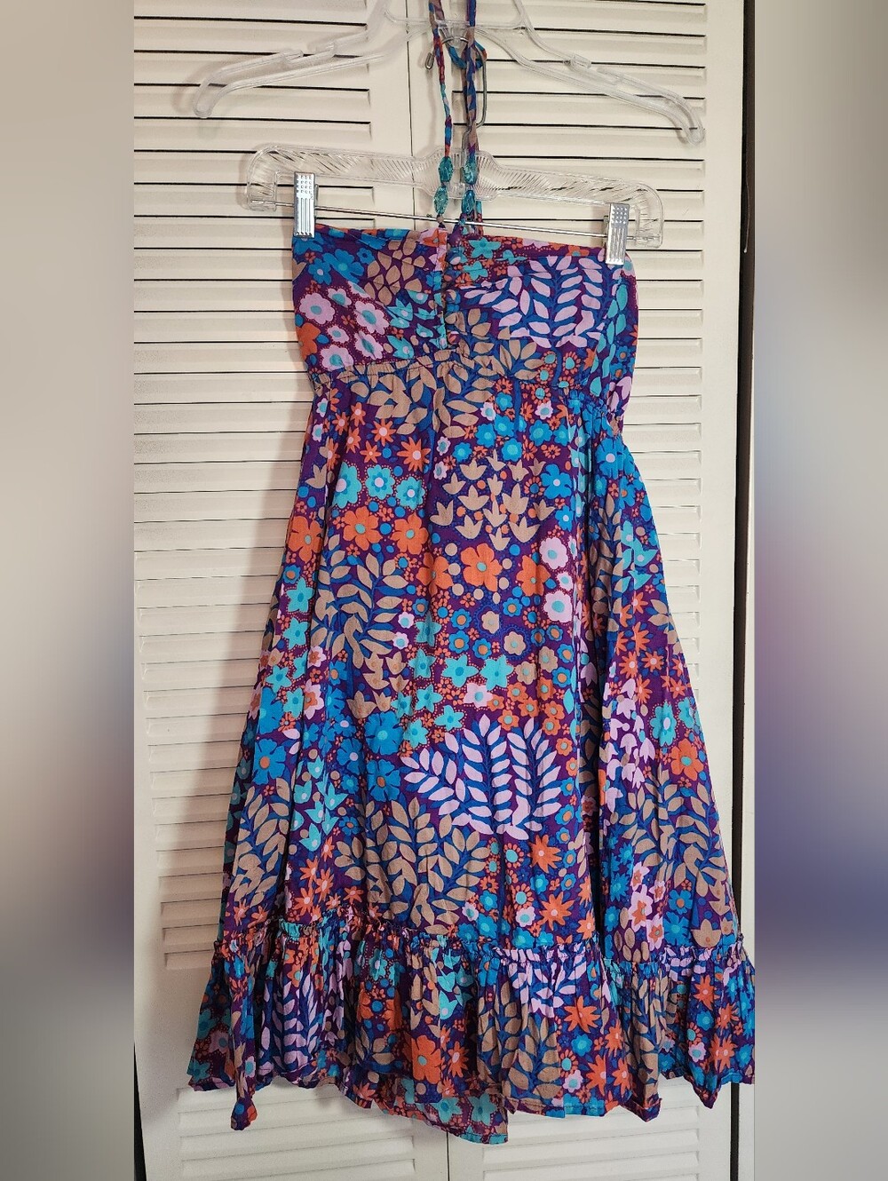 Akualani 100% cotton dress sz M colorful floral sleeveless covered buttons/beads